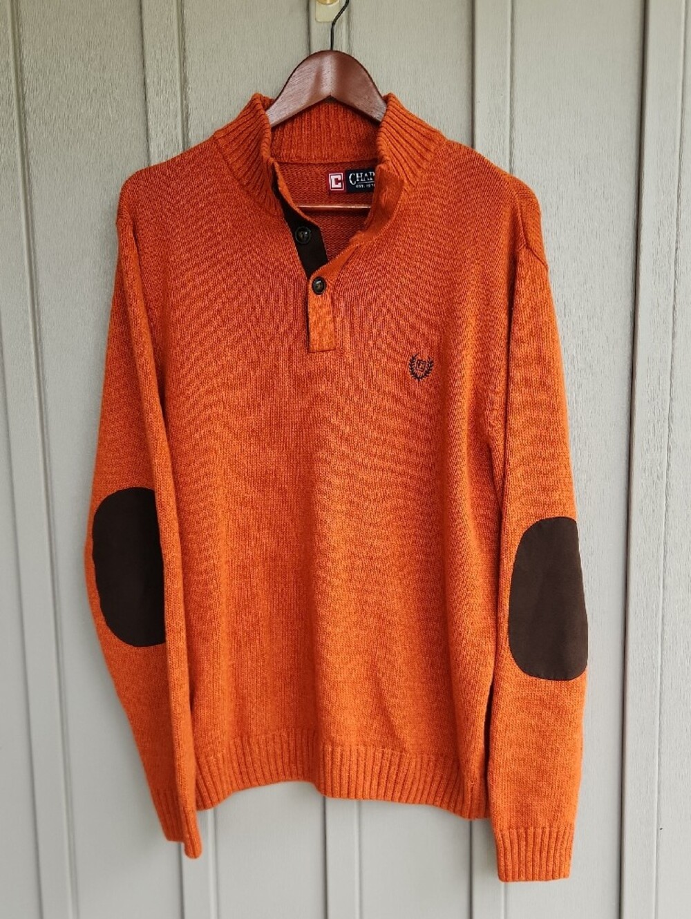 Chaps Men's Mock Neck Sweater 3 Button With Elbow Patches Orange Cotton Large